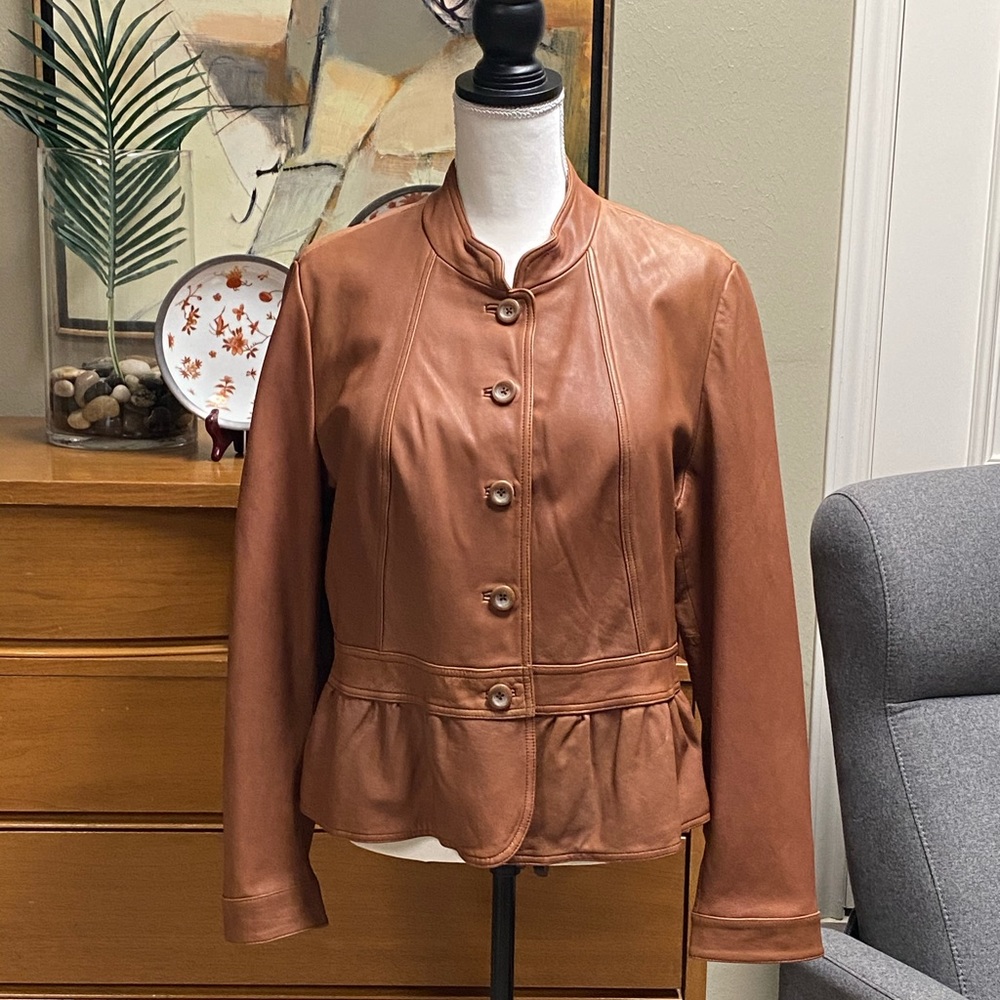 A.N.A. tan leather jacket with peplum waistline